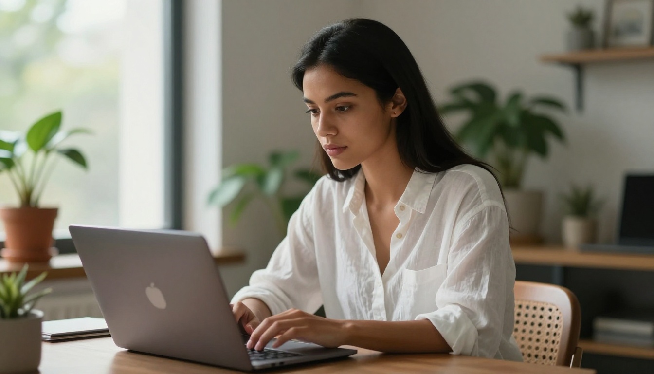 Young woman working at laptop on AI image generation platform