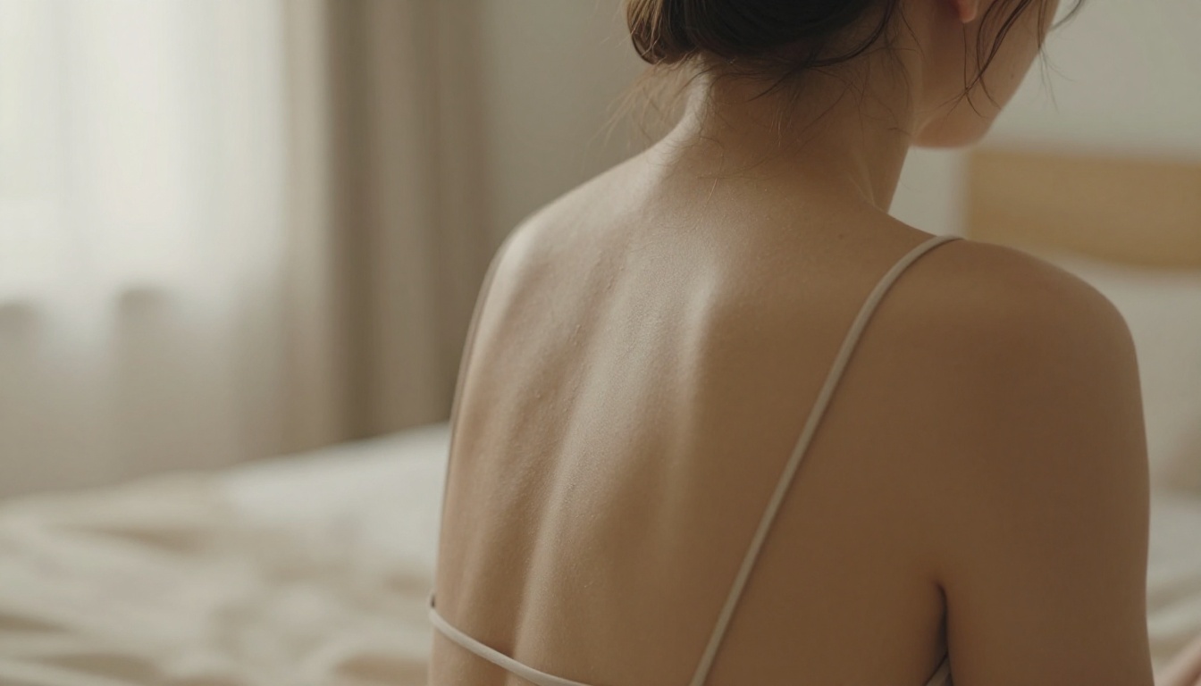 Woman with bare shoulders looking over her shoulder in soft morning light
