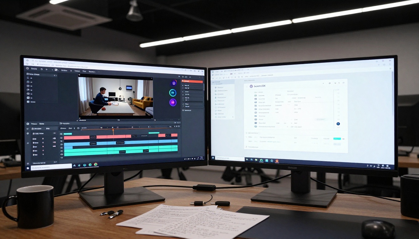 AI video comparison workspace with two monitors showing Seedance and Sora interfaces