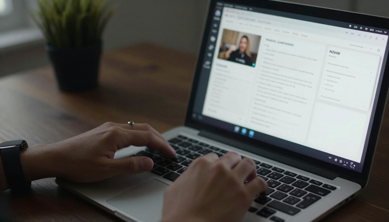 Hands typing on laptop with AI content generation settings interface visible on screen Hands typing on laptop with AI content generation settings interface visible on screen