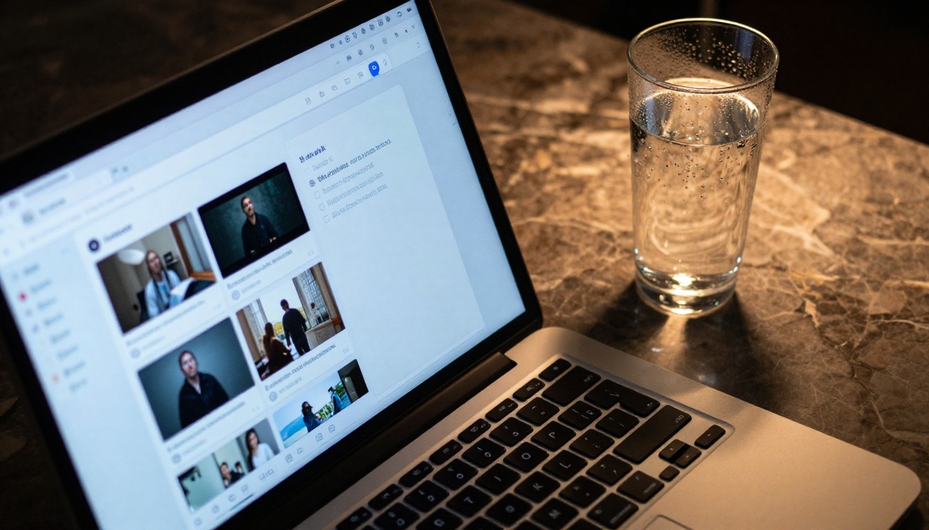 AI video generation interface on a glowing laptop screen in a dark marble studio