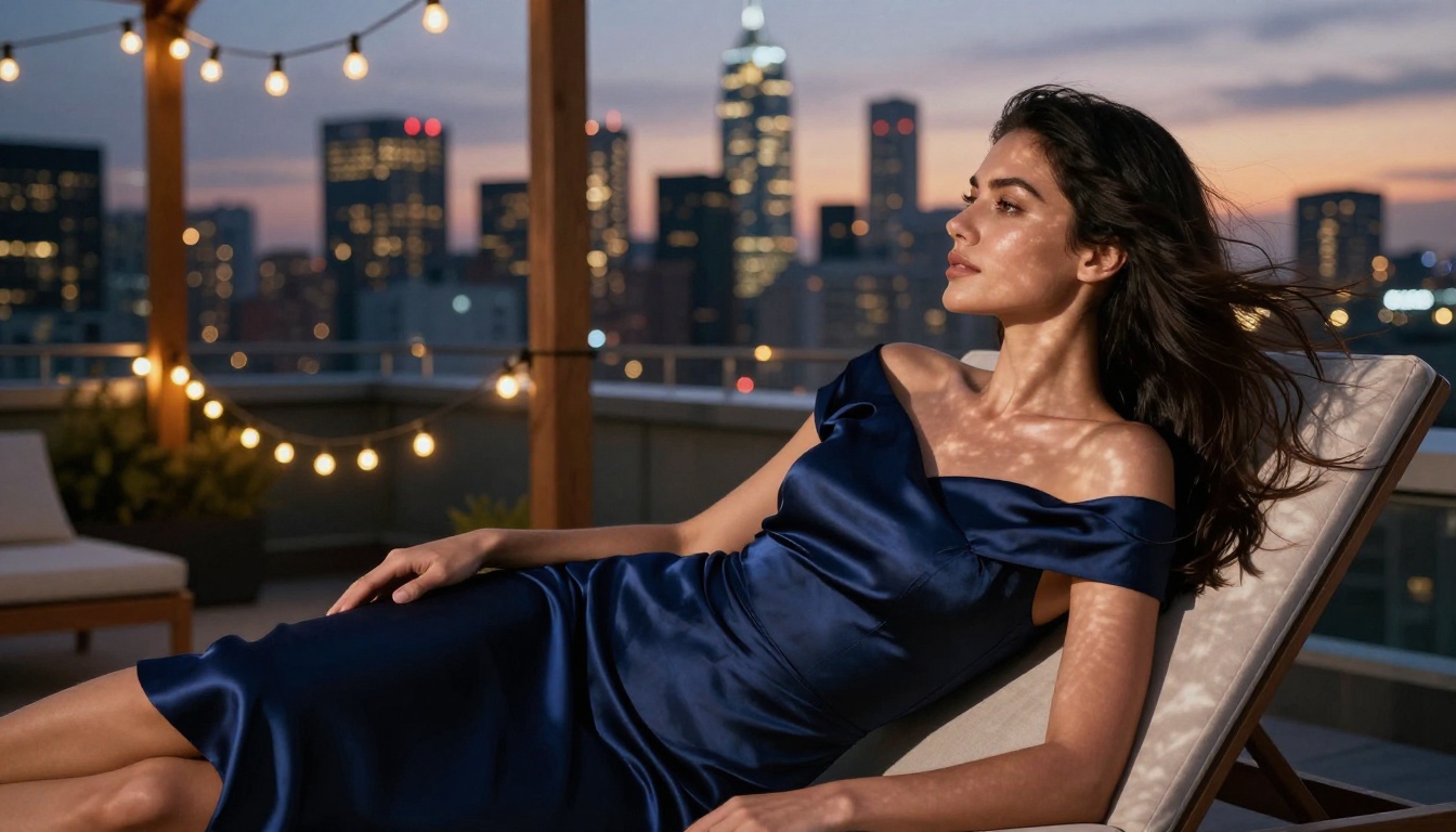 Elegant woman in midnight blue silk dress on a penthouse rooftop terrace at dusk with city lights bokeh behind her