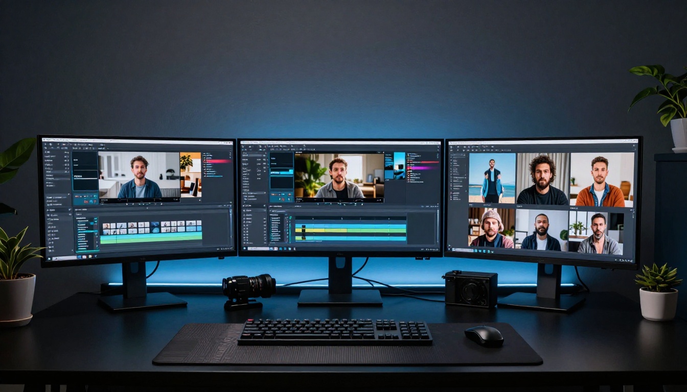 Multi-screen home office setup displaying Kling AI video generation workflow across three monitors