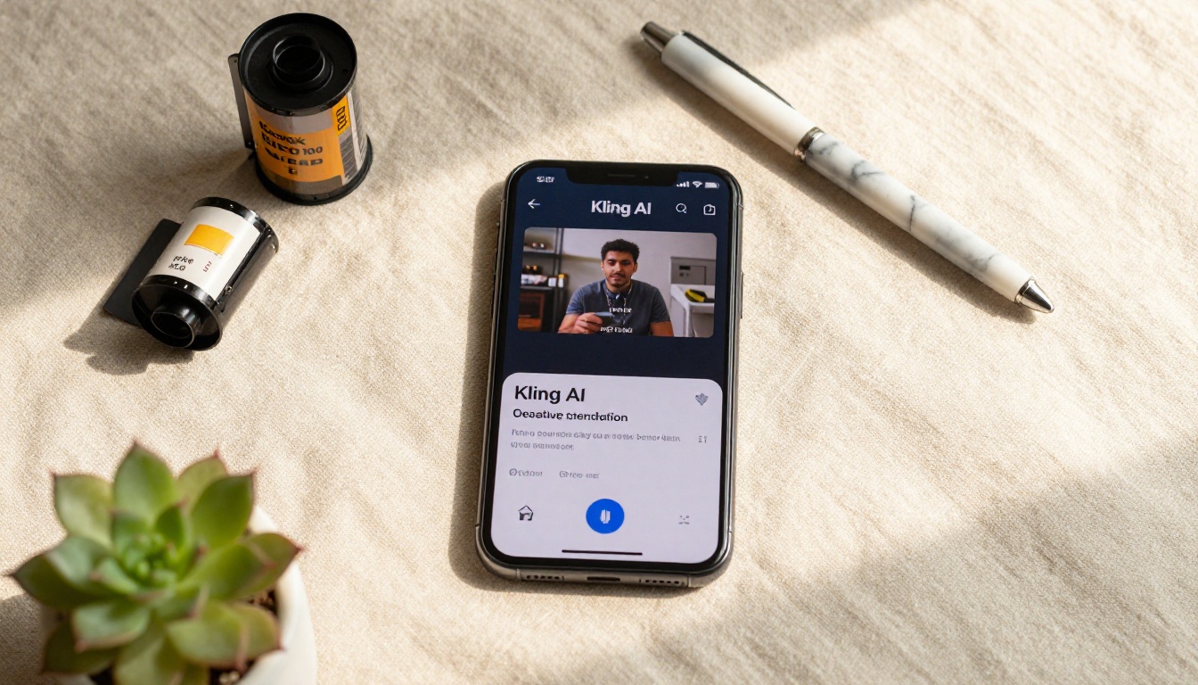 Overhead flat-lay of a smartphone with Kling AI interface on cream linen with a vintage film roll beside it Overhead flat-lay of a smartphone with Kling AI interface on cream linen with a vintage film roll beside it