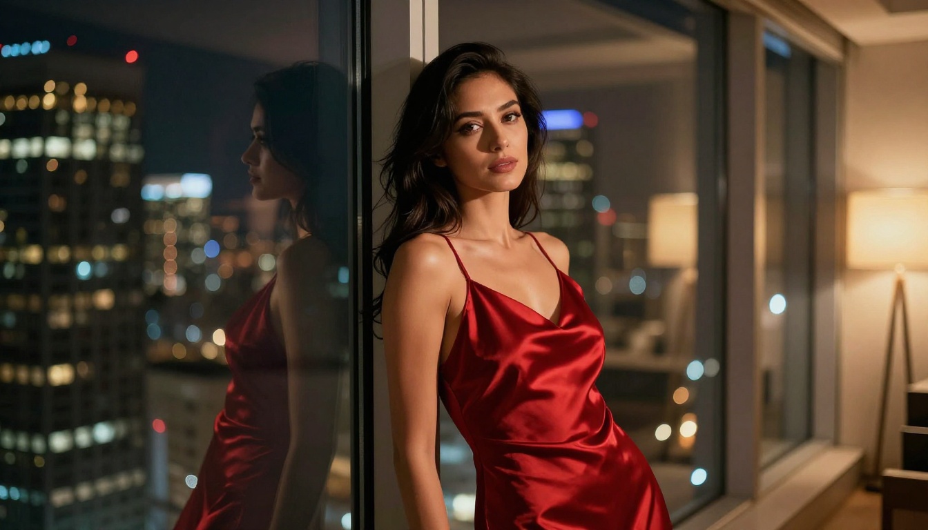Woman in red satin slip dress leaning against a glass wall at night with blurred city lights bokeh behind her Woman in red satin slip dress leaning against a glass wall at night with blurred city lights bokeh behind her