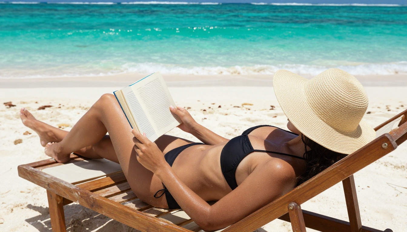 Woman aerial view in black bikini on beach lounger at tropical resort
