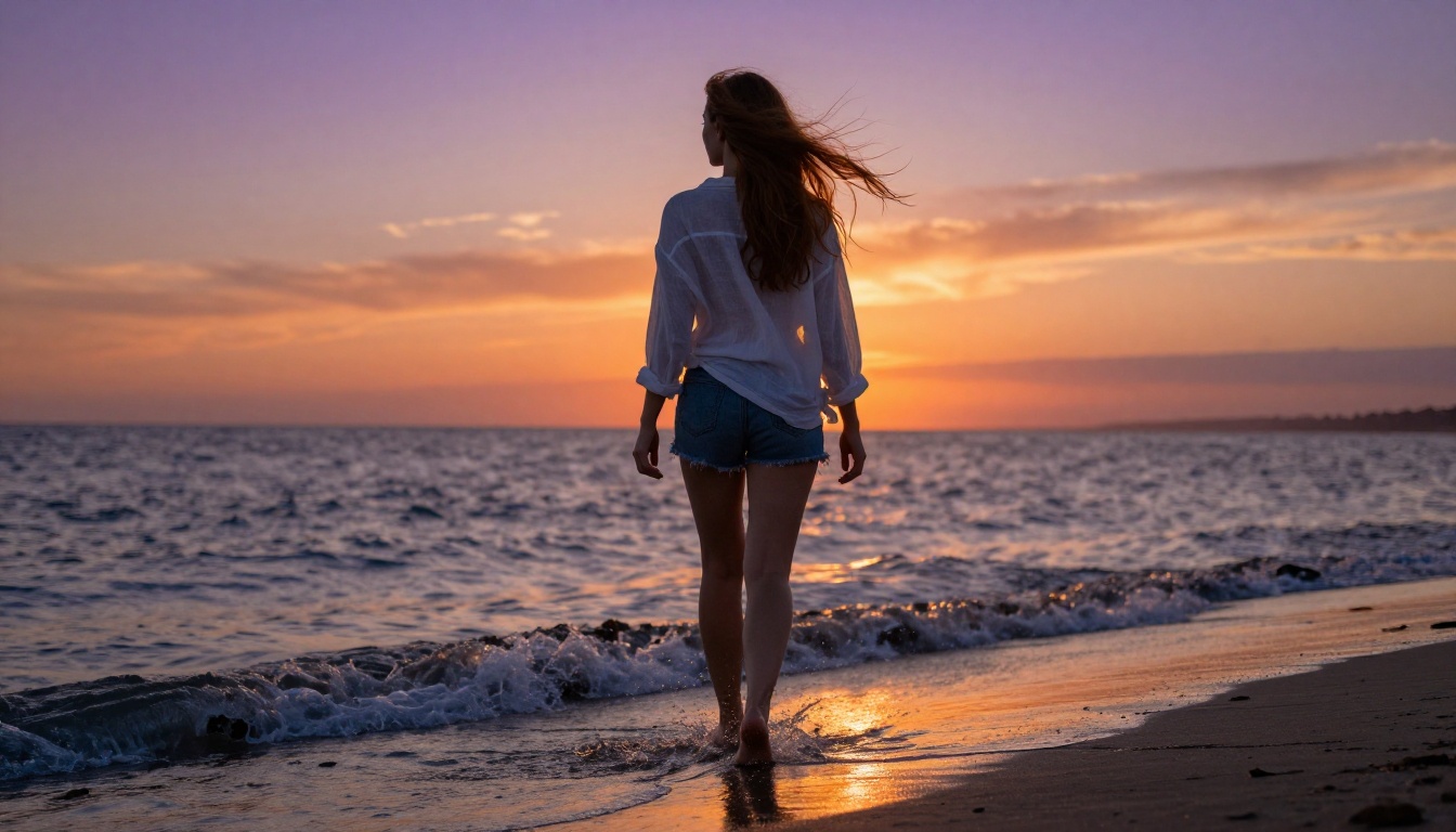 Woman walking barefoot along sunset shoreline with golden light