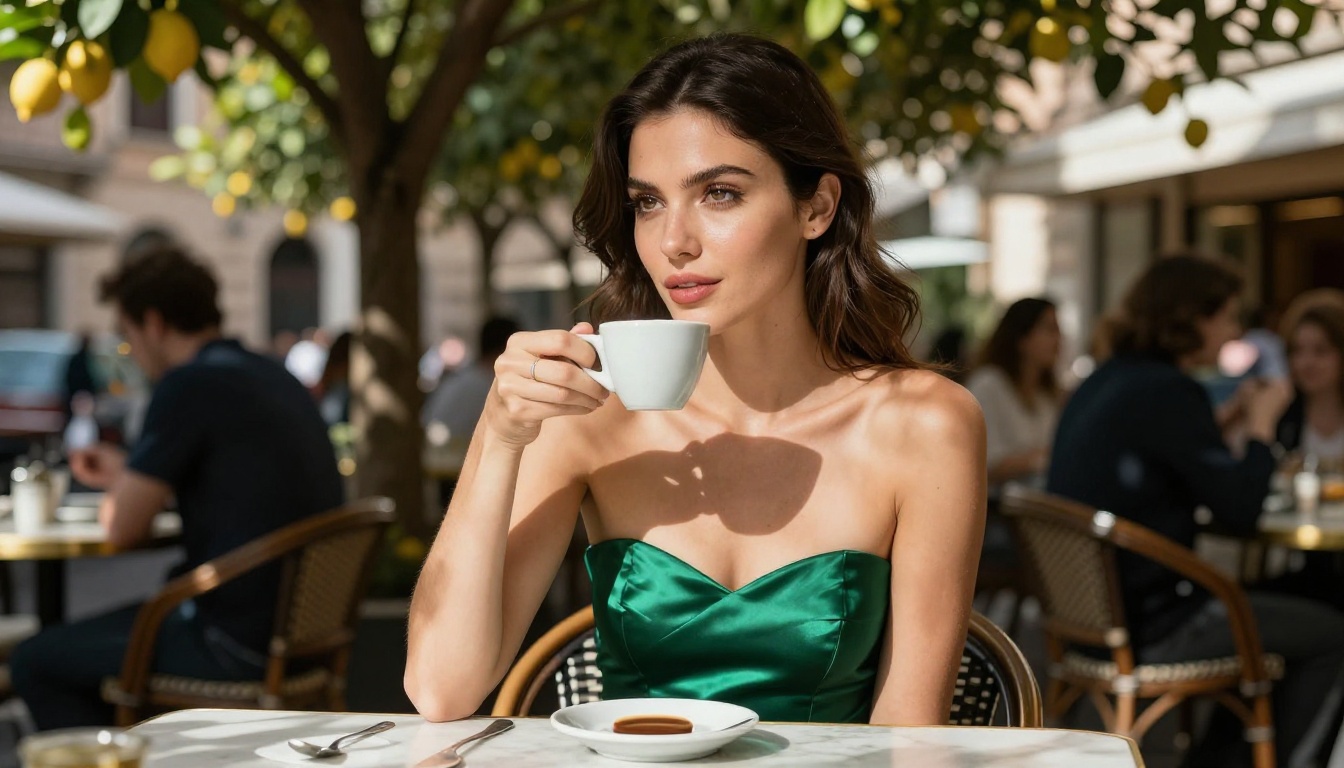 Woman in emerald satin dress at outdoor cafe table in Rome