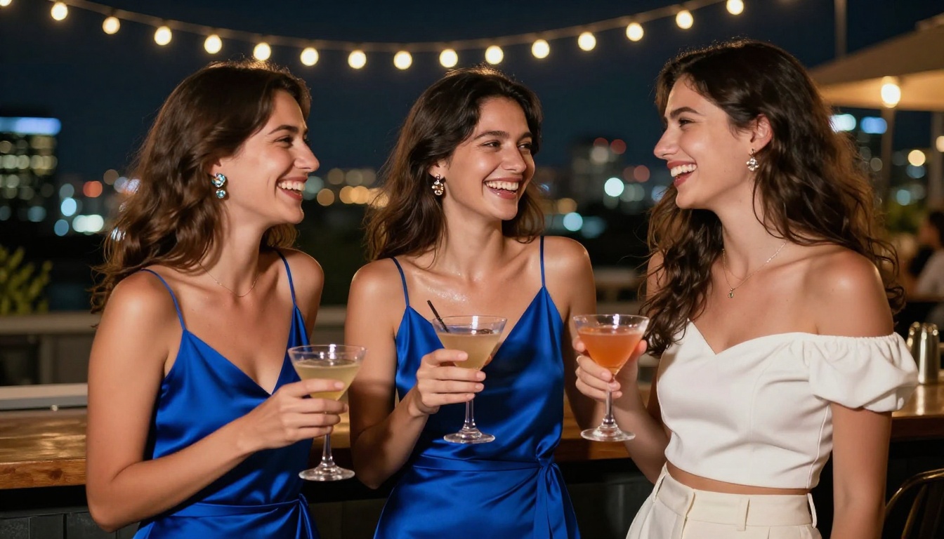 Two women laughing together at rooftop bar with city lights Two women laughing together at rooftop bar with city lights