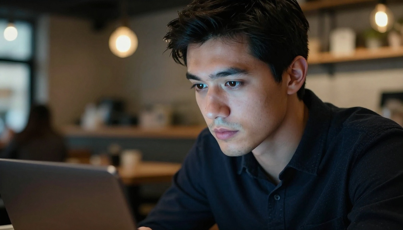 Man leaning toward laptop screen in dimly lit modern cafe