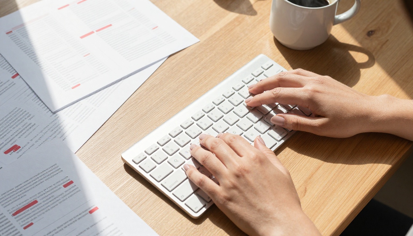 Aerial view of hands typing on keyboard with documents and coffee