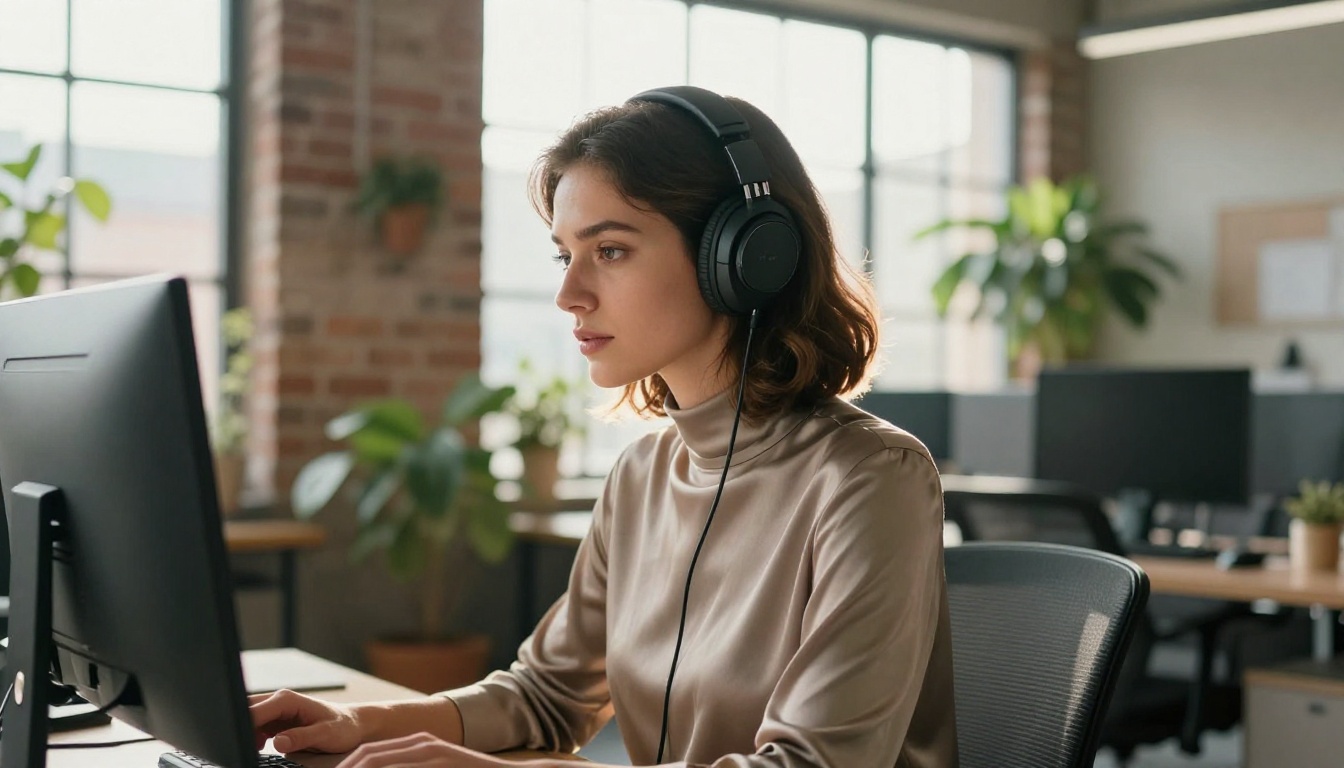 Woman with headphones at standing desk in loft office