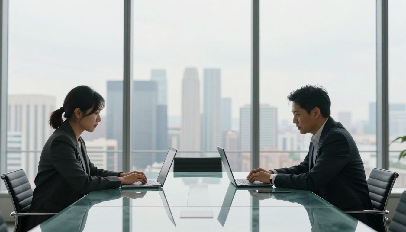 Two professionals at glass conference table in high-rise office