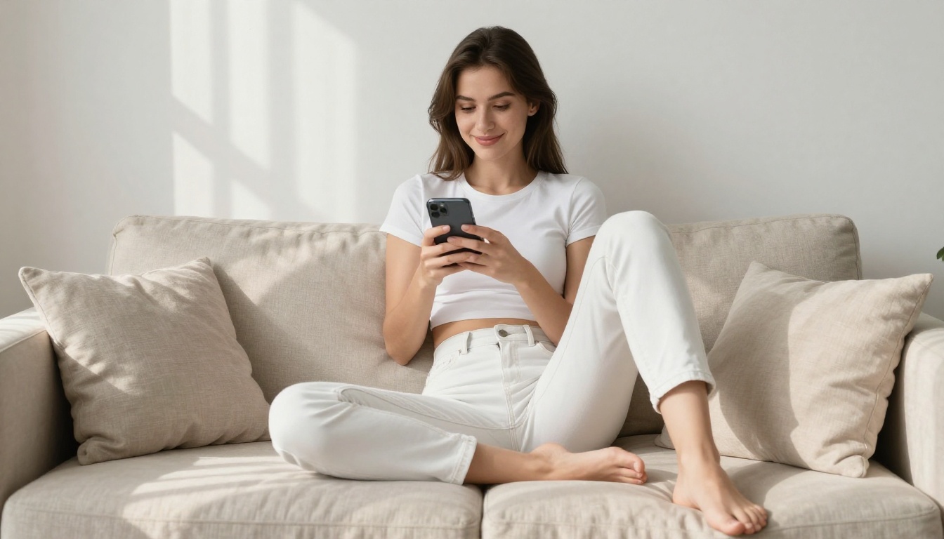 Young woman sitting on sofa holding smartphone with natural smile