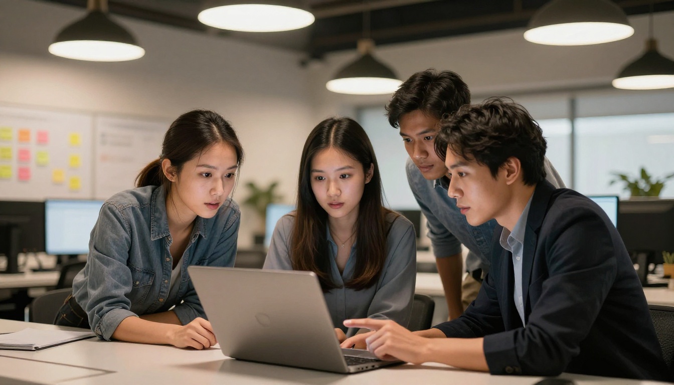 Three diverse professionals pointing at large monitor in startup office Three diverse professionals pointing at large monitor in startup office