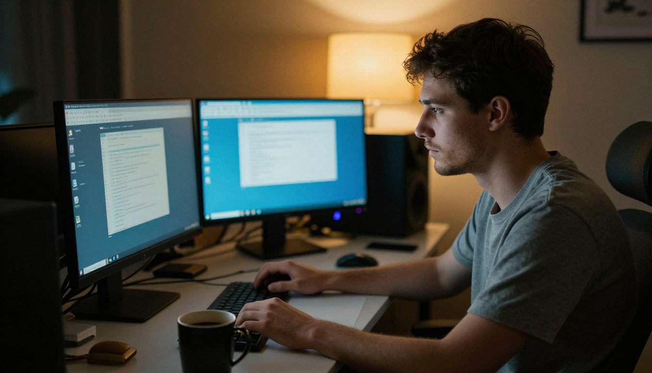 Man working late at home office with dual monitors and desk lamp Man working late at home office with dual monitors and desk lamp