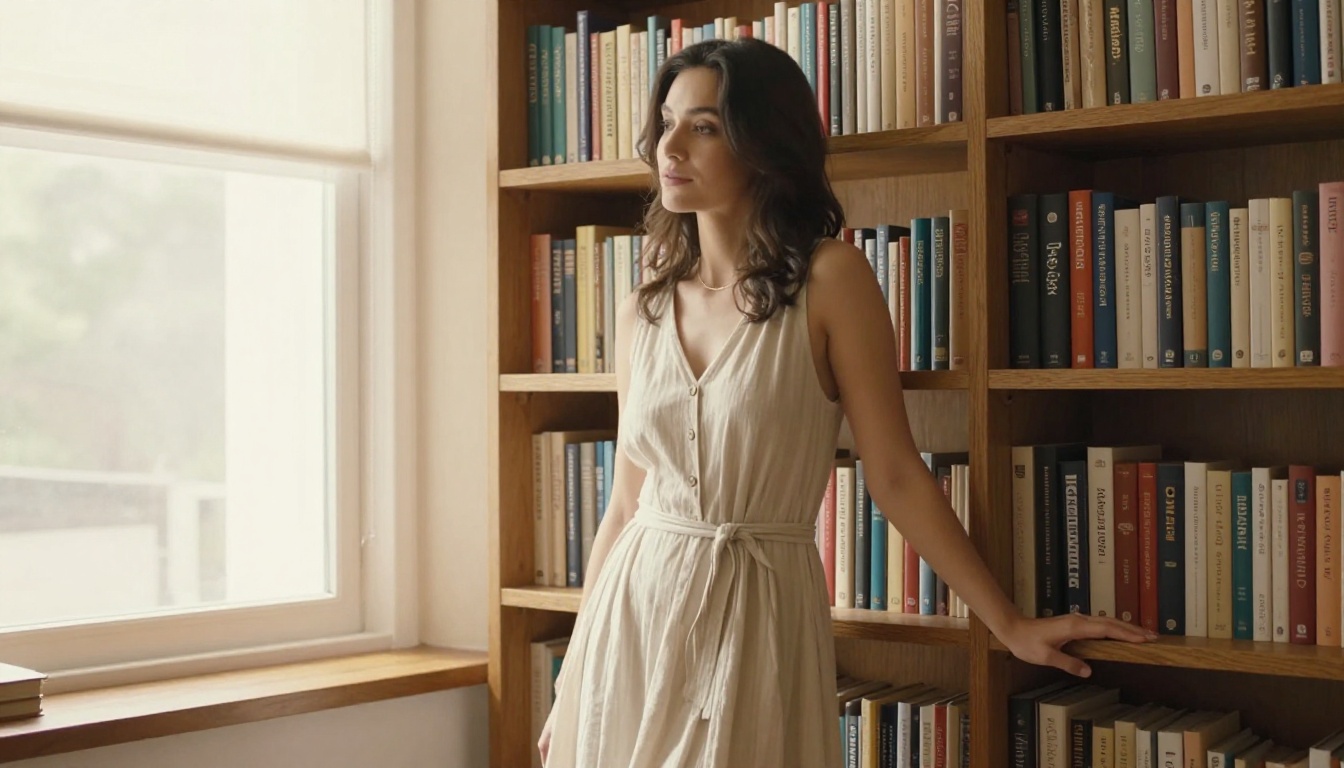 Elegant woman in summer dress standing in front of sunlit bookshelf Elegant woman in summer dress standing in front of sunlit bookshelf