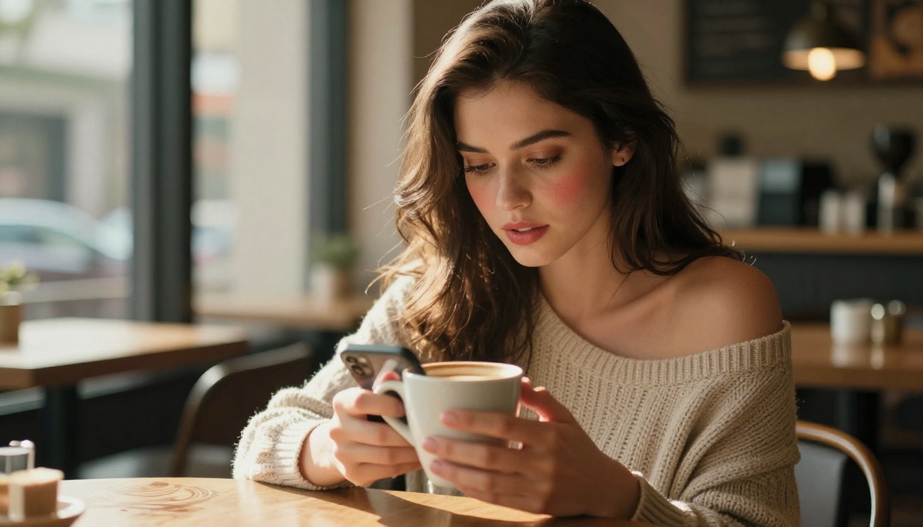 Confident woman reading on her phone in a warm café