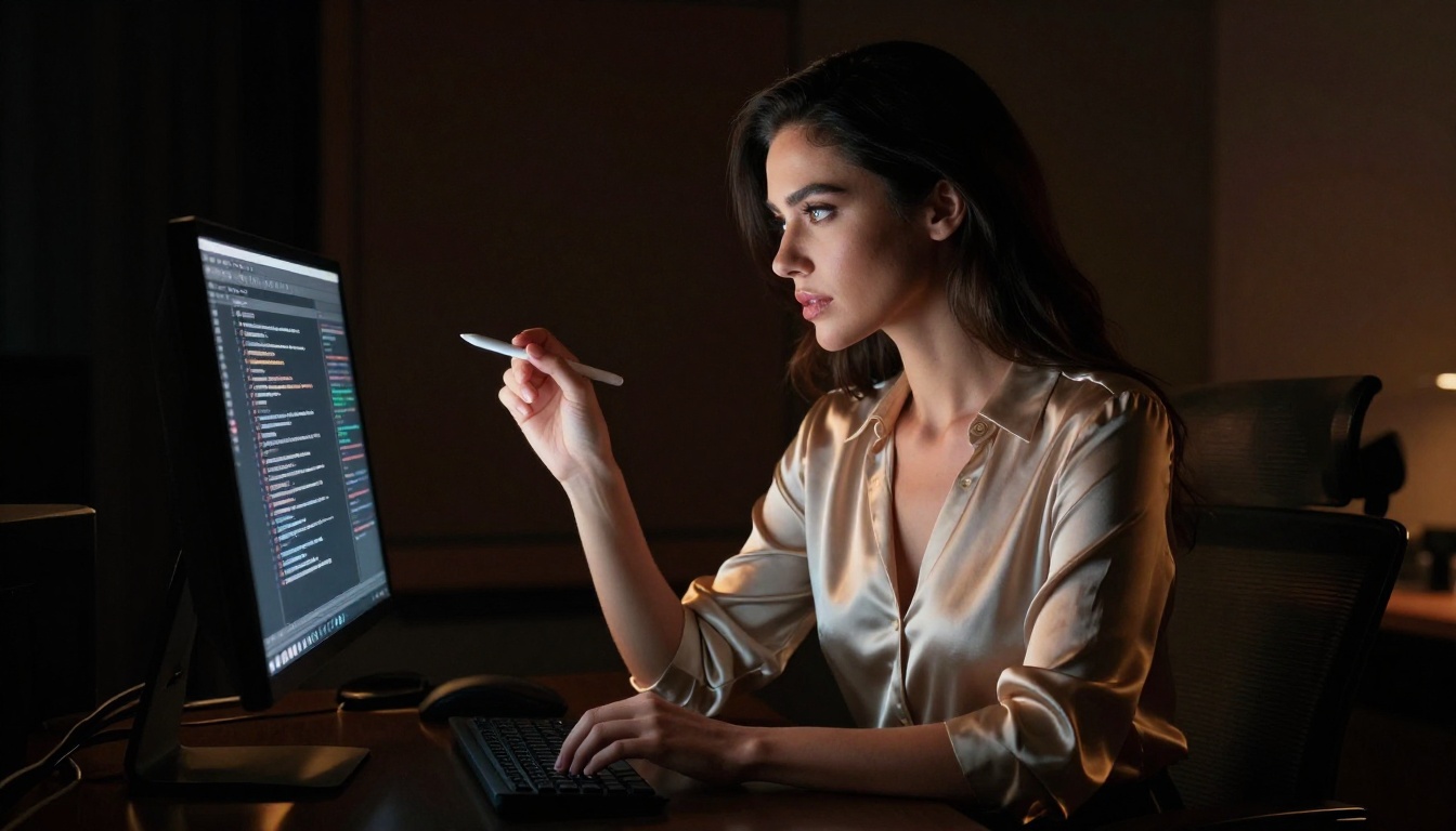 Woman writing alone in a dark creative studio