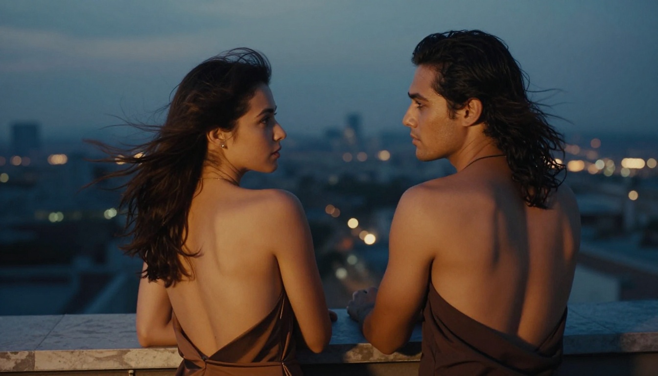 Two people in an intimate moment on a rooftop at dusk