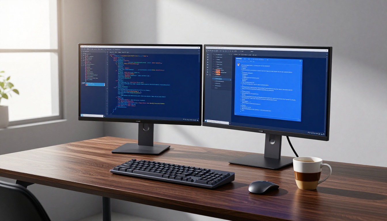 Wide establishing shot of a modern tech workspace with dual monitors showing blue code interfaces and text chat windows