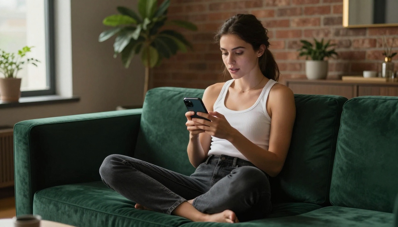 Medium shot of a confident young woman sitting cross-legged on a velvet dark green sofa, holding a phone in both hands