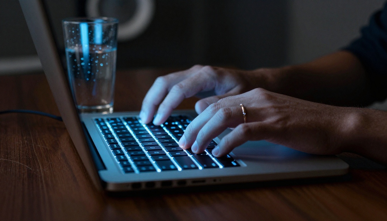 Low-angle close-up of two hands hovering over a glowing laptop keyboard, blue screen light illuminating fingers