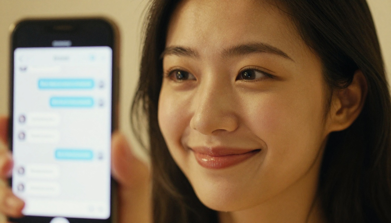 Split composition: smartphone chat interface on the left, woman's face with an amused smile on the right Split composition: smartphone chat interface on the left, woman's face with an amused smile on the right