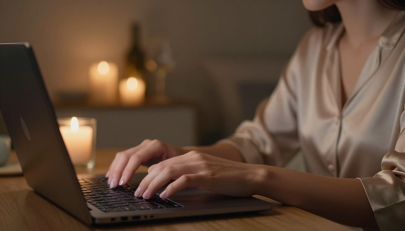 Woman's hands typing on a laptop keyboard at night with candlelight bokeh in background