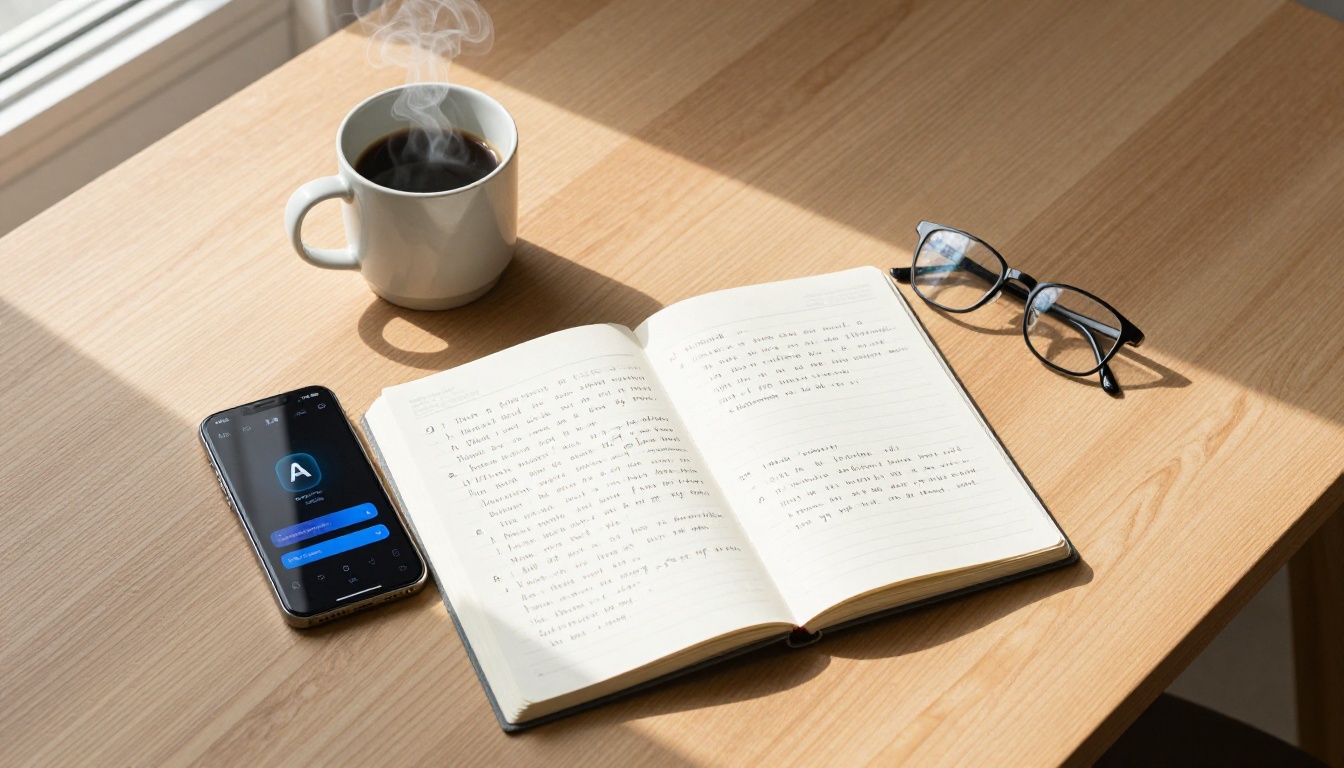 Overhead flat-lay of a coffee table with a smartphone showing an AI chat interface, journal, and ceramic mug Overhead flat-lay of a coffee table with a smartphone showing an AI chat interface, journal, and ceramic mug
