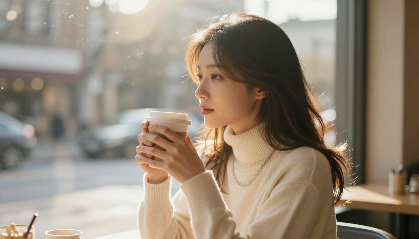Portrait of a young woman at a cafe window seat, backlit by golden afternoon sunlight, holding a coffee cup Portrait of a young woman at a cafe window seat, backlit by golden afternoon sunlight, holding a coffee cup
