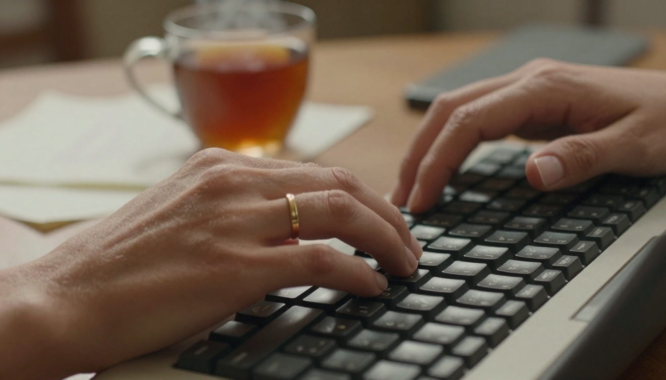 Close-up of writer's hands typing on mechanical keyboard