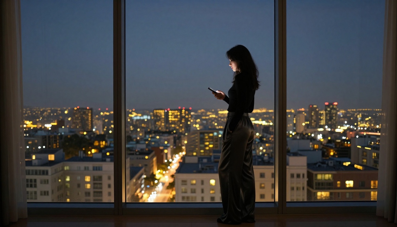 Wide shot of a woman standing by a panoramic apartment window at night, city skyline with warm lights below Wide shot of a woman standing by a panoramic apartment window at night, city skyline with warm lights below
