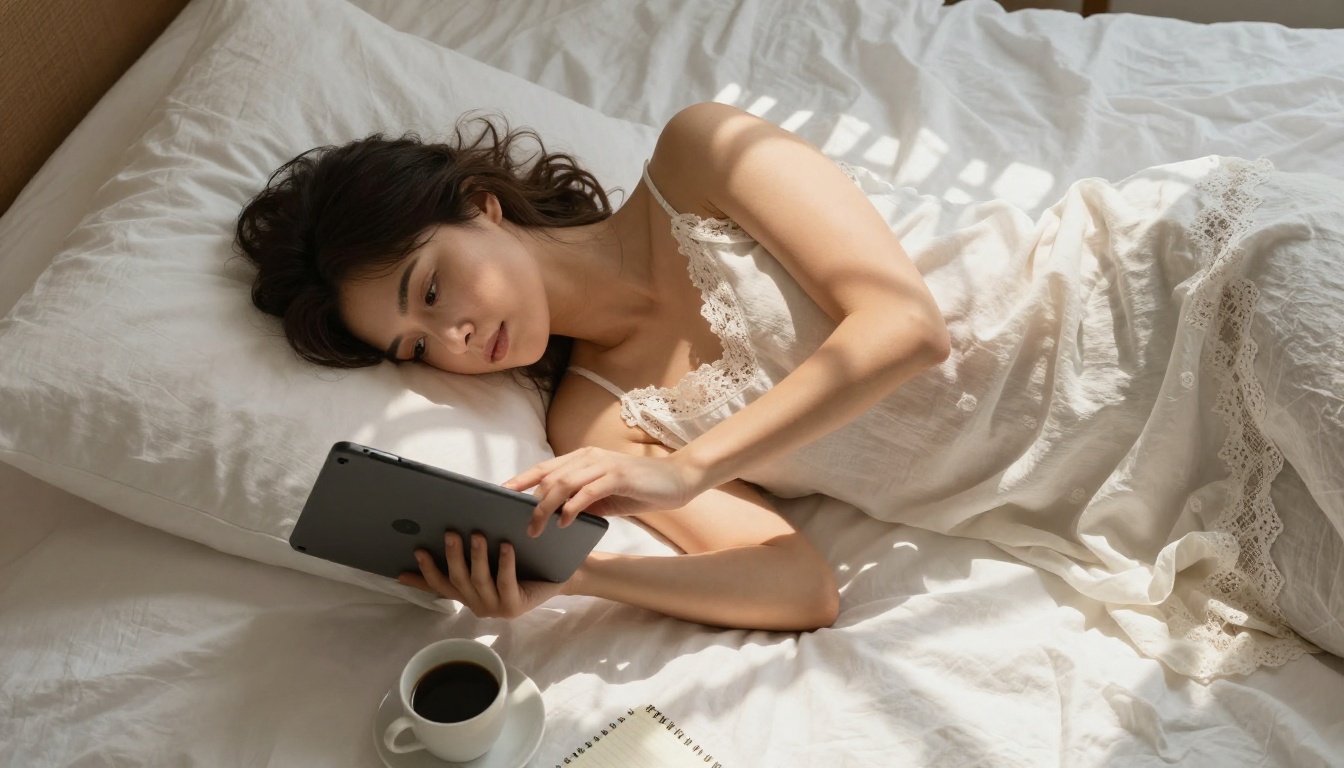 Aerial overhead shot of a woman in a lace camisole lying on white linen sheets reading from a tablet