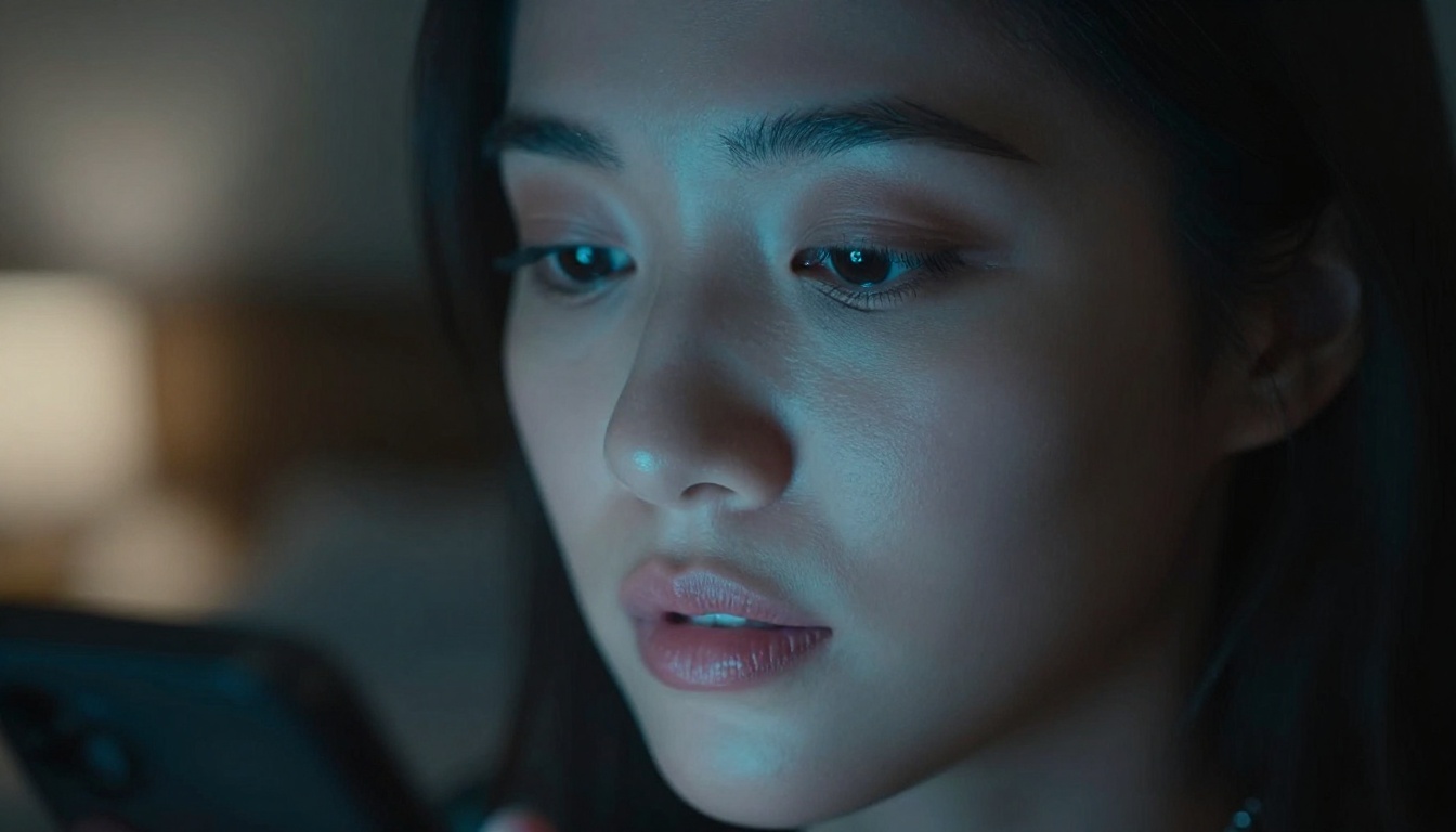 AI roleplay on a glowing screen in a dark bedroom