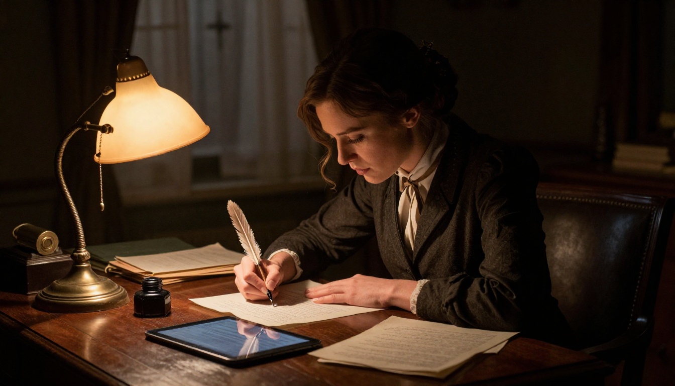 Woman sitting at a Victorian writing desk leaning over handwritten manuscript pages in warm lamplight