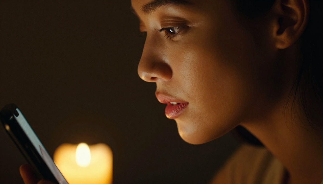 Close-up side profile of a woman's face illuminated by warm candlelight looking at a glowing phone screen