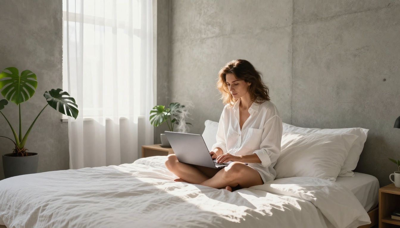 Woman relaxed in morning apartment with laptop, golden light