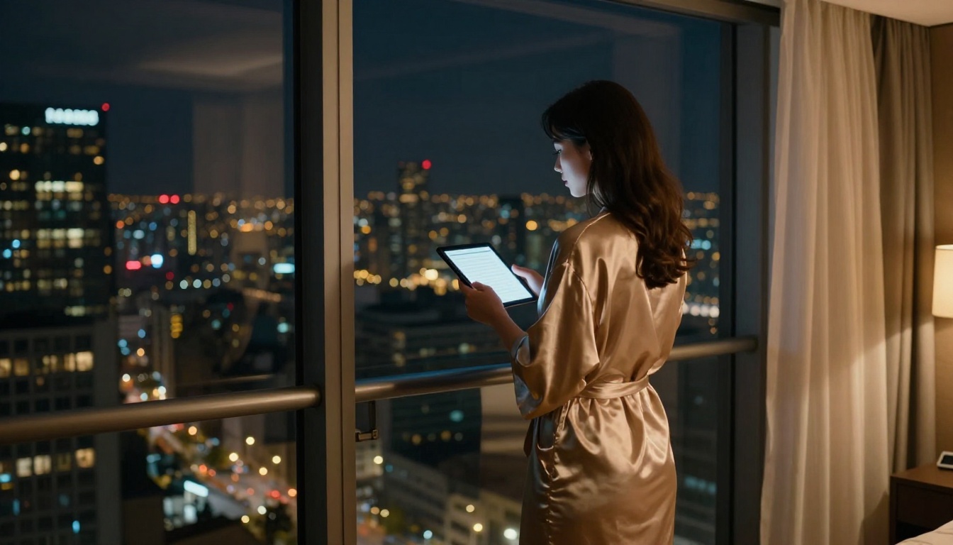 Woman in a silk robe on a hotel balcony at night reading a tablet against a glittering city skyline
