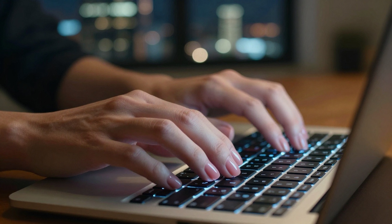 Close-up of elegant hands typing on a glowing laptop keyboard at night