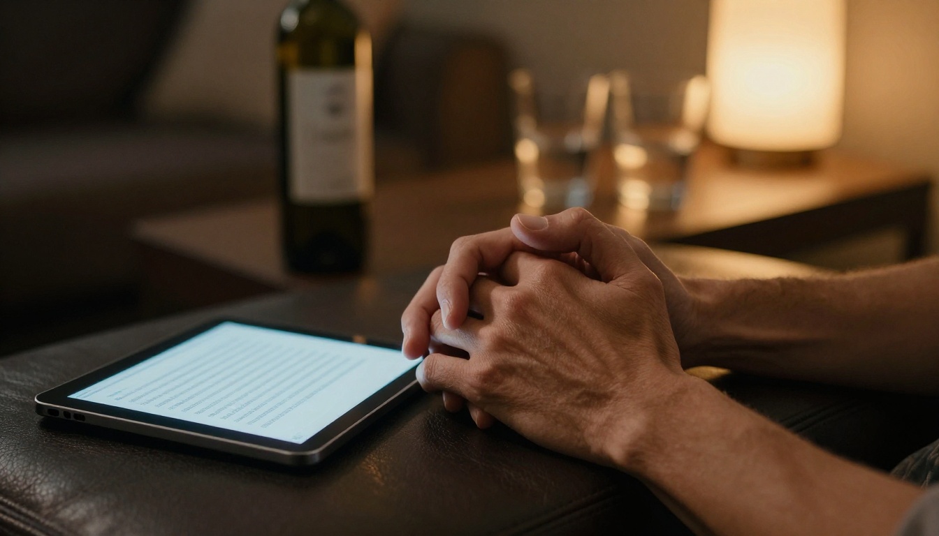 Two people's hands intertwined on a dark leather couch with a glowing tablet resting between them