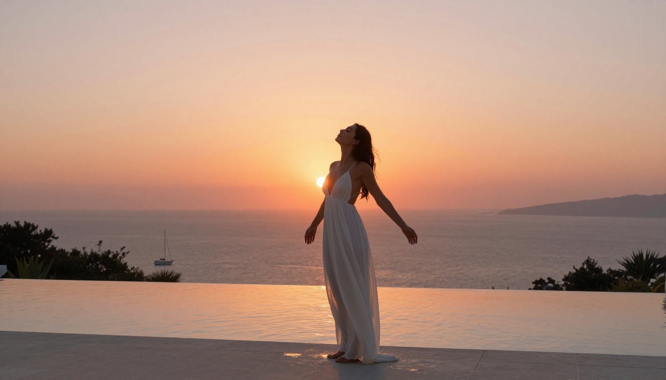 Woman at infinity pool overlooking Mediterranean sunset Woman at infinity pool overlooking Mediterranean sunset