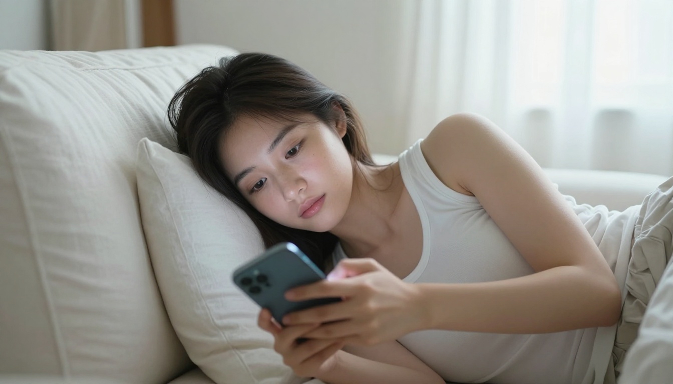 Woman reclining on sofa with smartphone glow in natural morning light