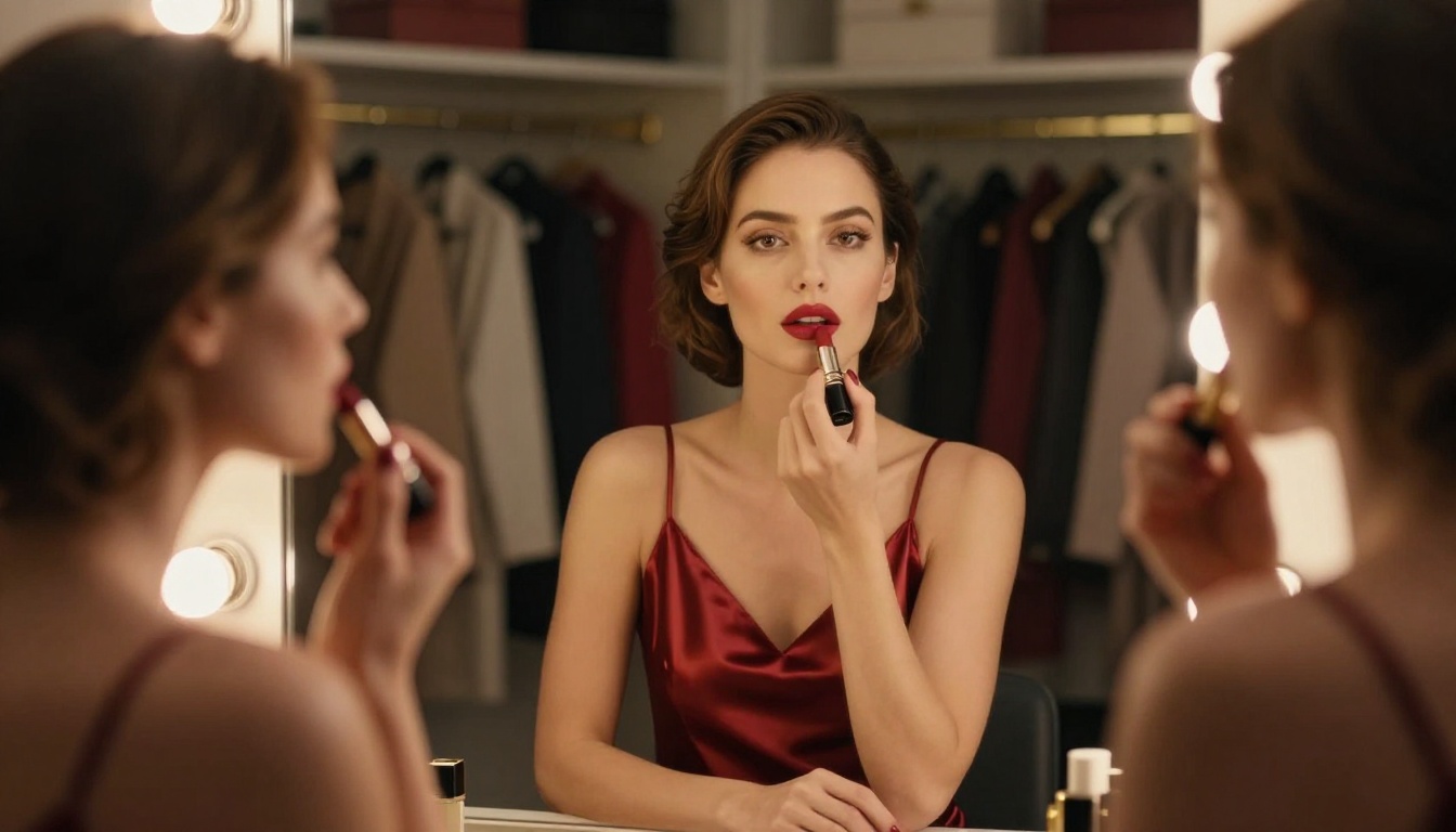 Woman at vanity mirror in luxury dressing room