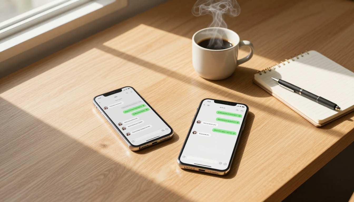 Two smartphones on table showing chat interfaces with morning light