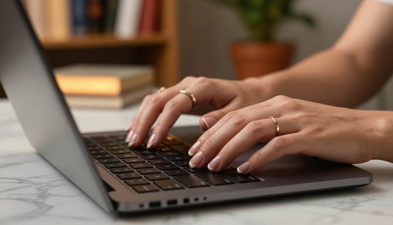 Hands typing on laptop keyboard, marble desk surface