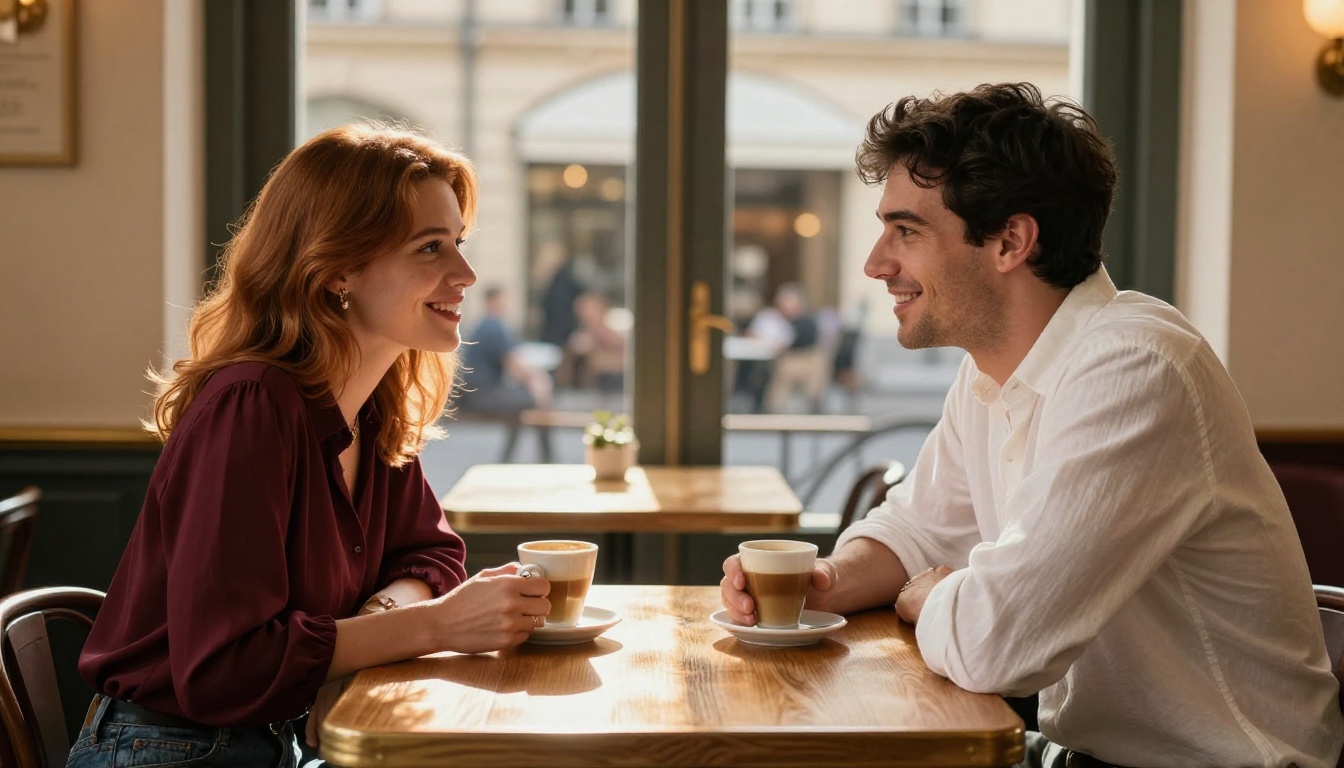Man and woman having animated intimate conversation at a stylish Parisian café