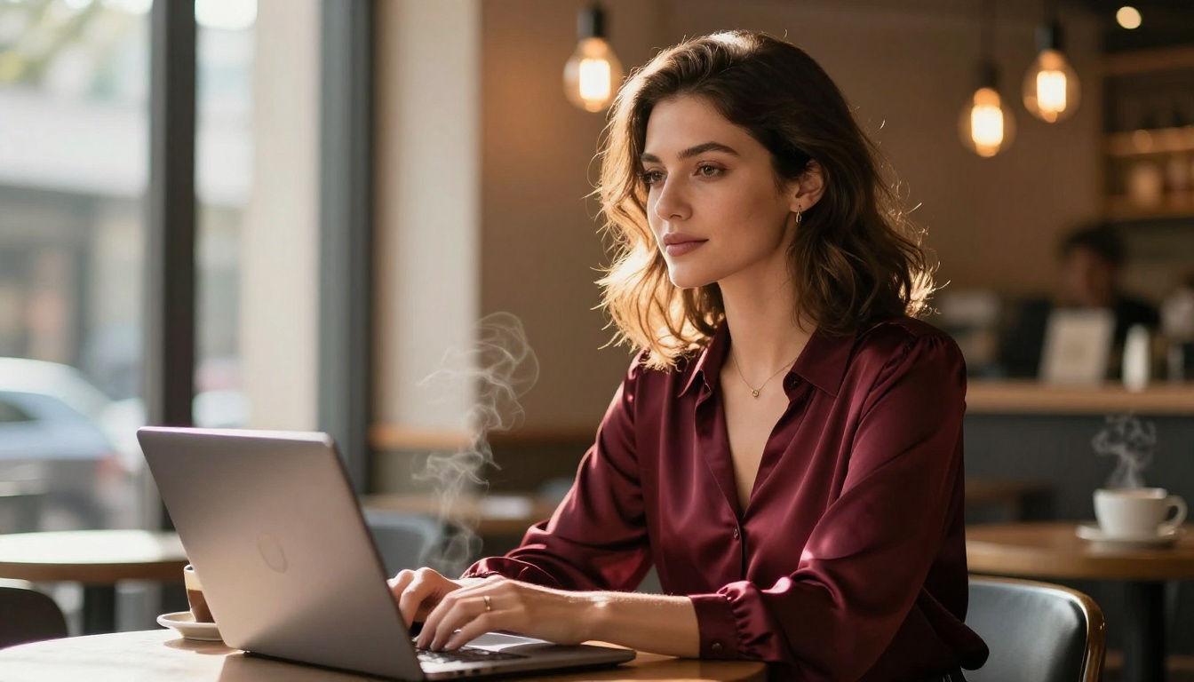 Confident woman at cafe with laptop, warm golden light through window