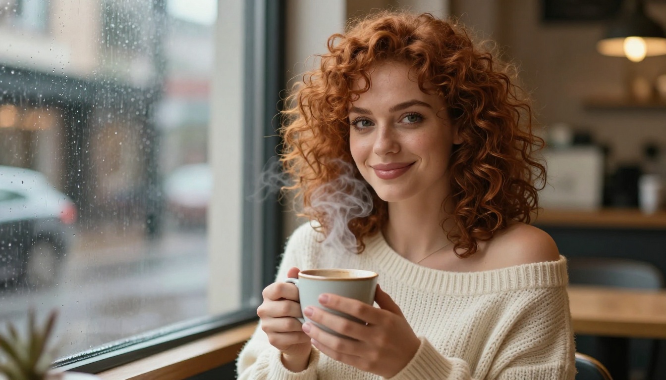 Woman with curly auburn hair in coffee shop, smiling directly at camera
