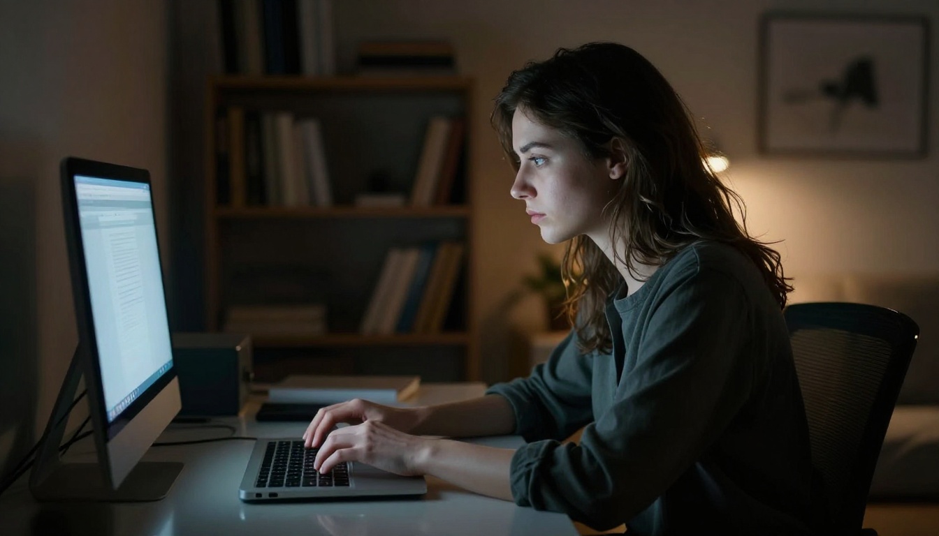 Young woman illuminated by laptop screen in dark atmospheric room